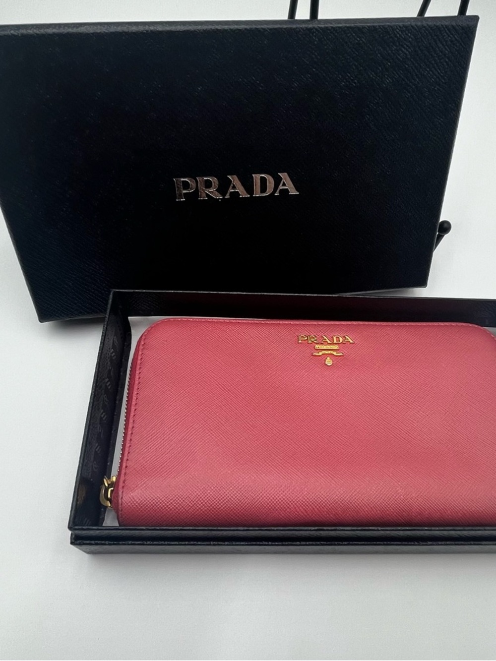 Prada Saffiano Leather Zip Wallet in Rose Pink with Gold Logo